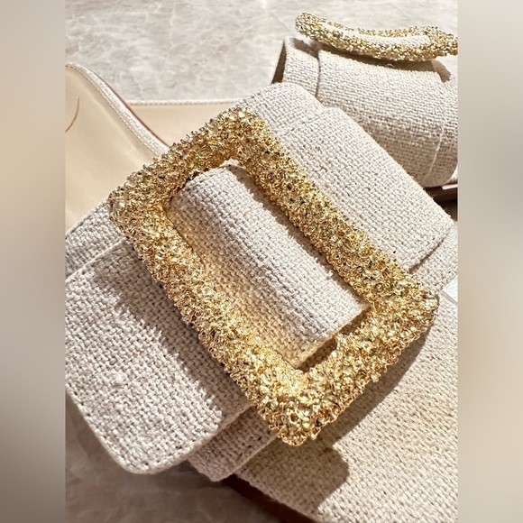 Sam Edelman Beige Linen Slide Sandals with Gold Buckle Inez - Picture 2 of 7